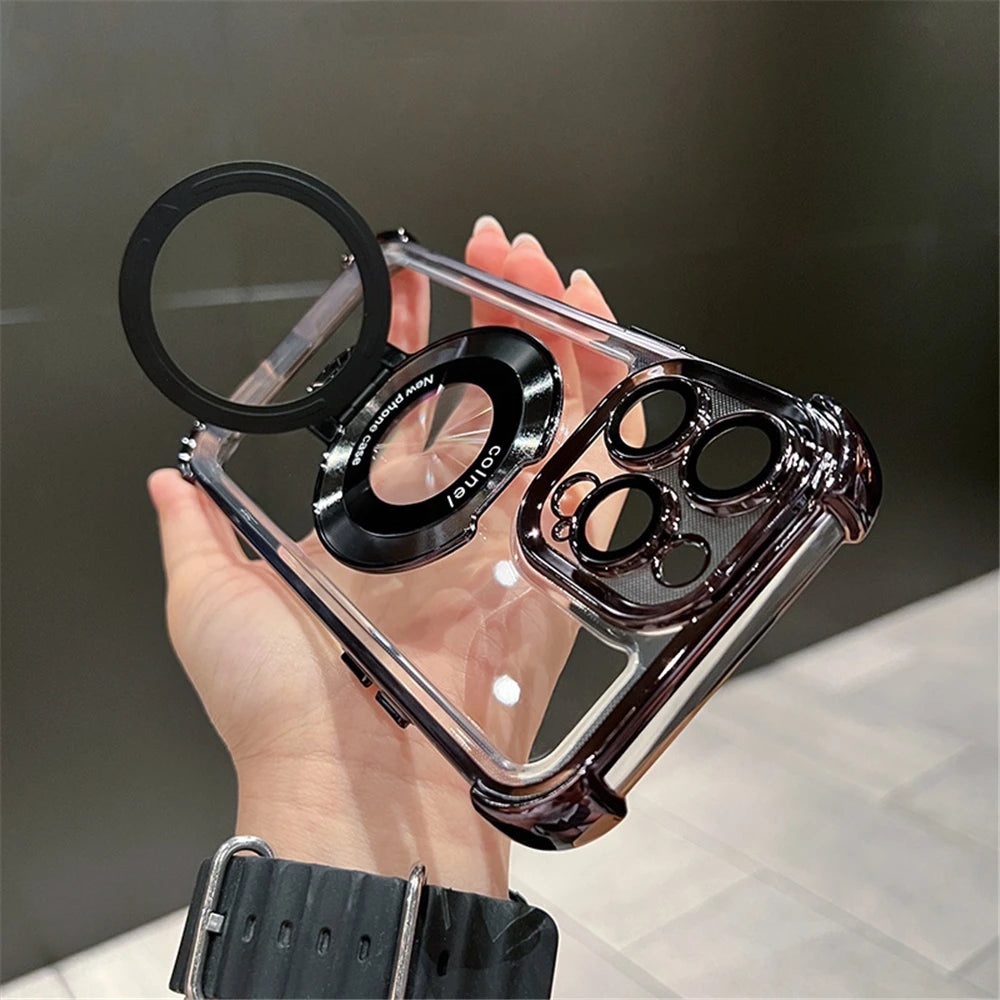 Luxury Plating Shockproof Magnetic Bracket For Magsafe Clear Case For iPhone 15 16 14 13 12 17 Pro Max With Holder Stand Cover