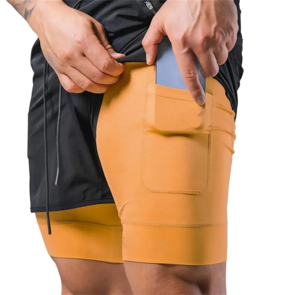 2 in 1 Running Sports Shorts Men Jogging Sportswear Gym Fitness Bodybuilding Quick Dry Pants Male Summer Training Beach Bottoms