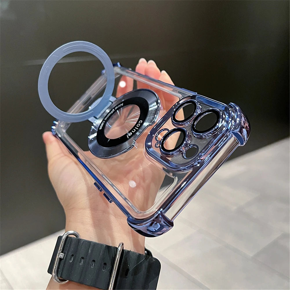 Luxury Plating Shockproof Magnetic Bracket For Magsafe Clear Case For iPhone 15 16 14 13 12 17 Pro Max With Holder Stand Cover